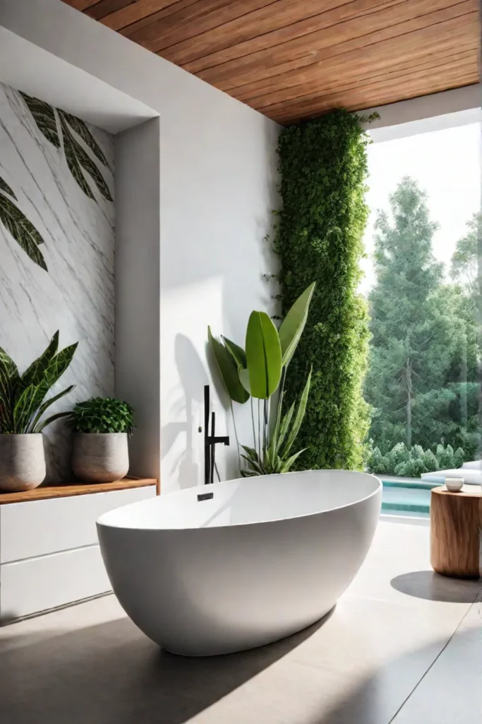 Neutraltoned bathroom with skylight and plants