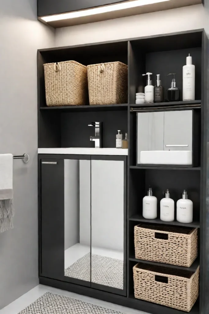 Neutraltoned_bathroom_with_woven_baskets_and_floating_shelf