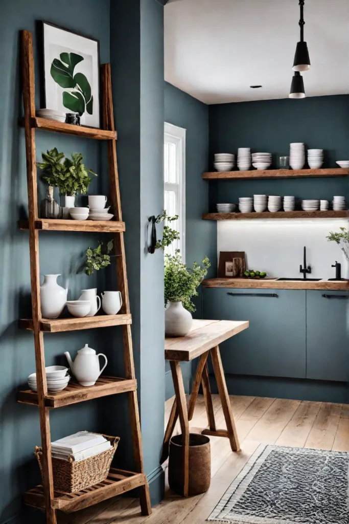 Open shelving in a Scandinavian kitchen with ceramics and cookbooks