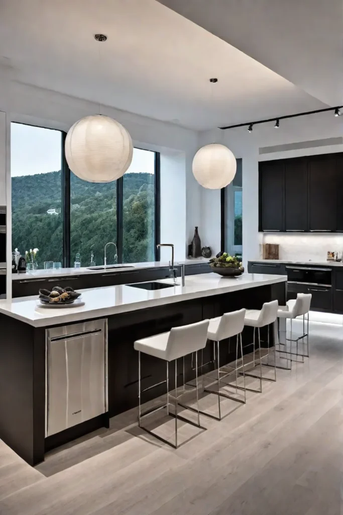 Openplan contemporary kitchen with gray cabinets quartz countertops and a breakfast bar