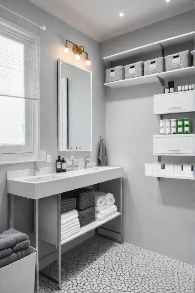 Organized_bathroom_with_clear_containers_and_neatly_folded_towels_on_shelves