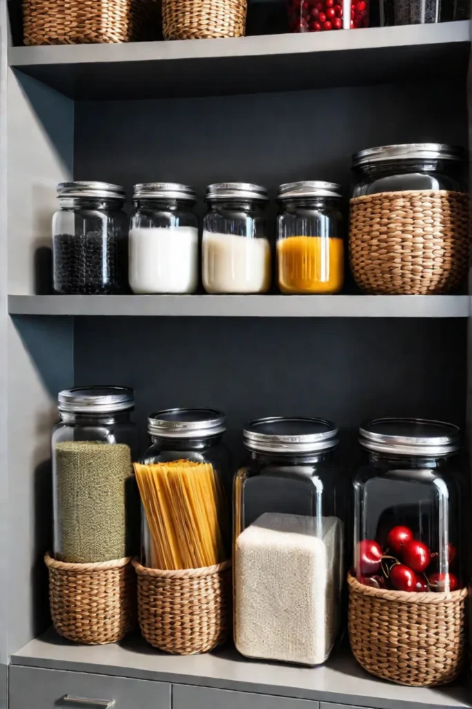 Organized kitchen pantry with glass jars and baskets