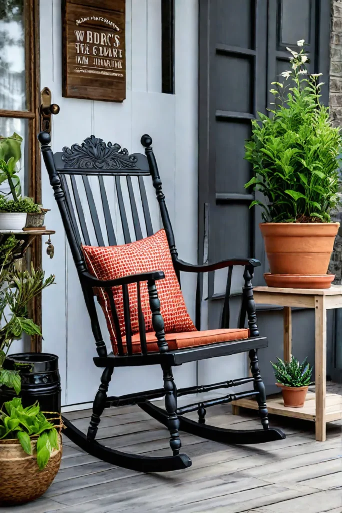 Painted vintage rocking chair with a DIY side table on a porch
