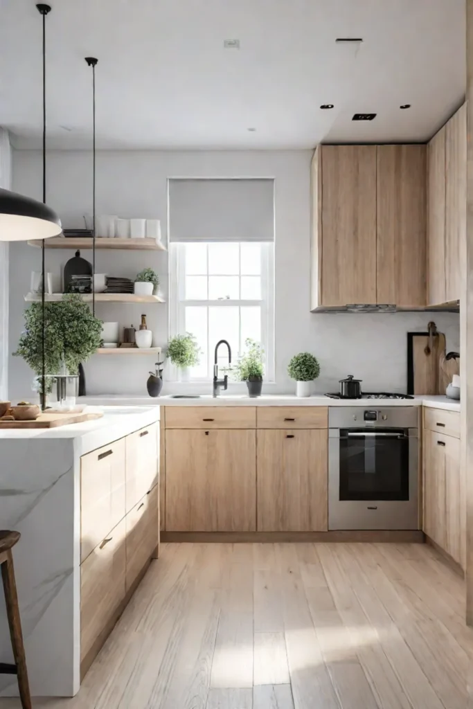 Pale gray wooden planks on the floor of a Scandinavianstyle small kitchen