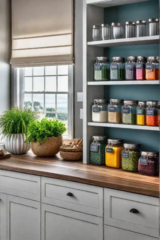 Pantry organization with labeled glass jars
