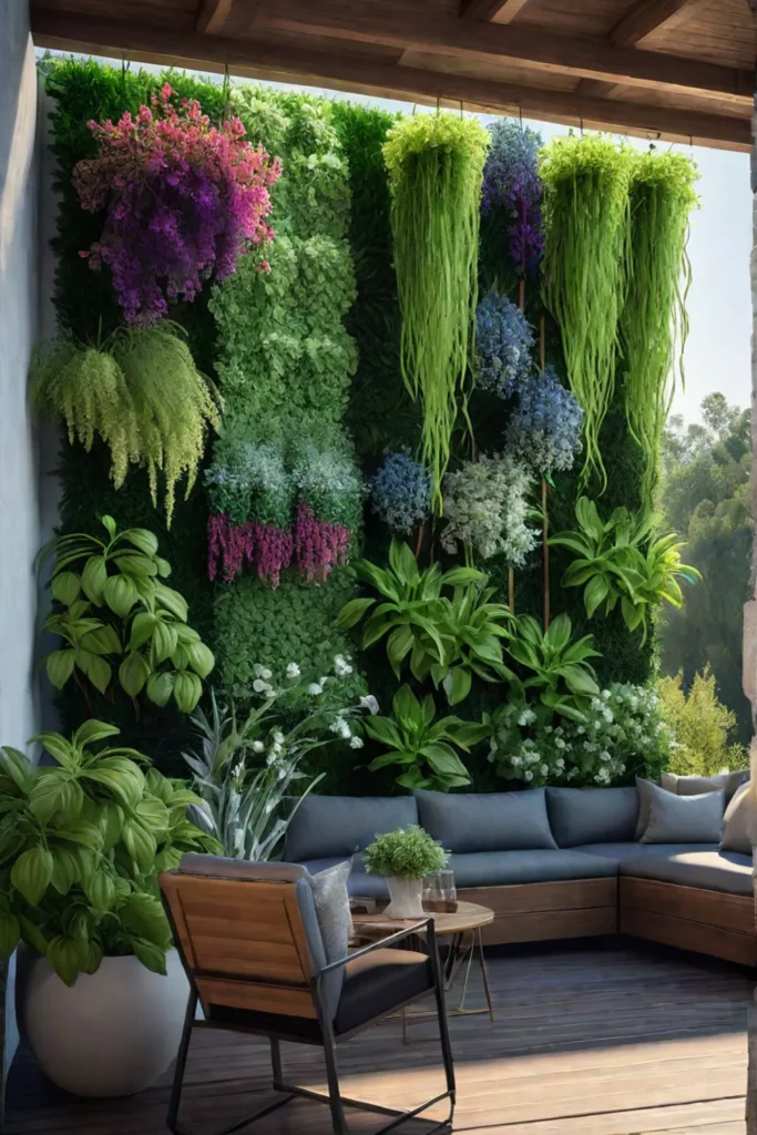 Patio with a vertical herb garden featuring basil thyme and rosemary in