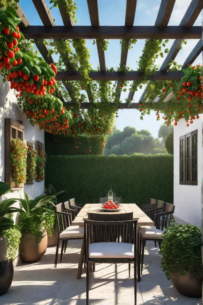 Patio with pergola and hanging baskets of vegetables