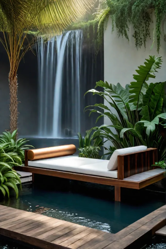 Patio_with_a_daybed_and_a_waterfall_feature_surrounded_by_tropical_plants