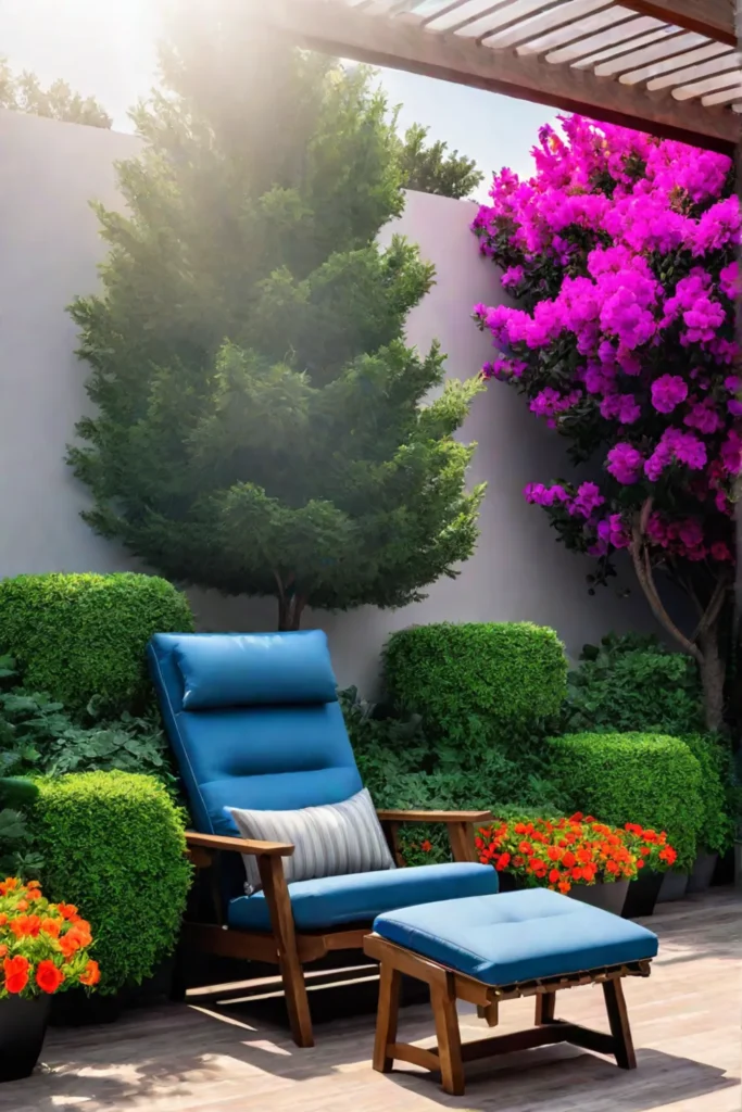 Patio_with_a_reclining_chair_and_a_water_fountain_surrounded_by_a_layered_landscape