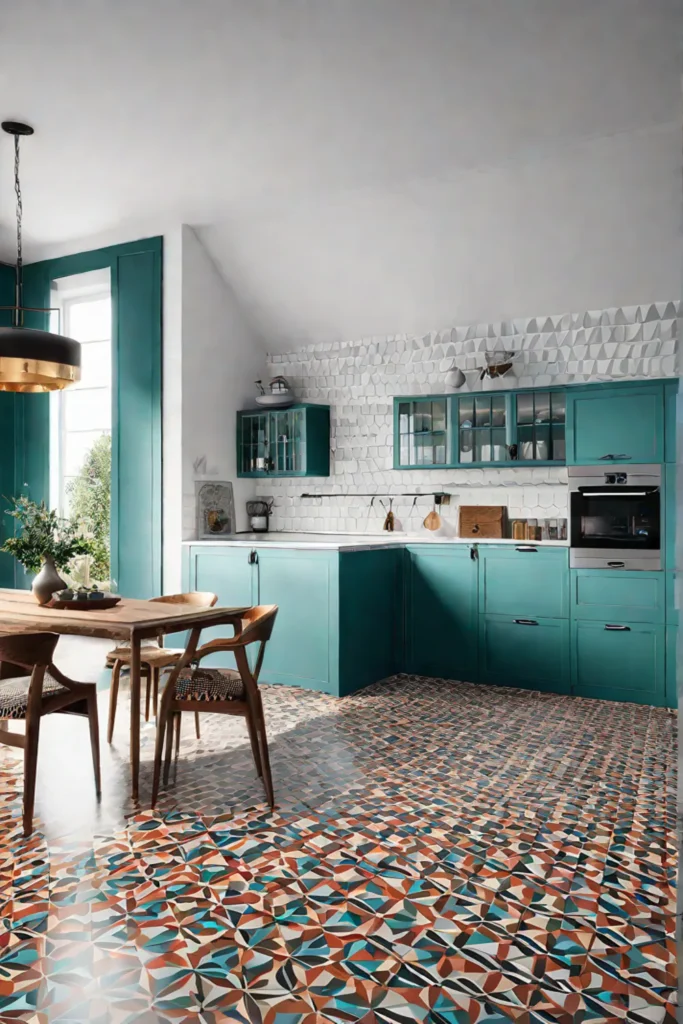 Patterned linoleum flooring in a creative kitchen design