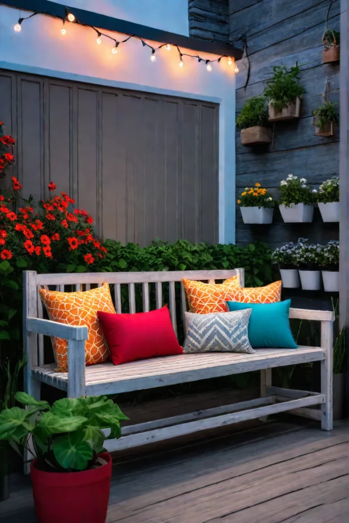 Repurposed bench with handpainted cushions on a porch