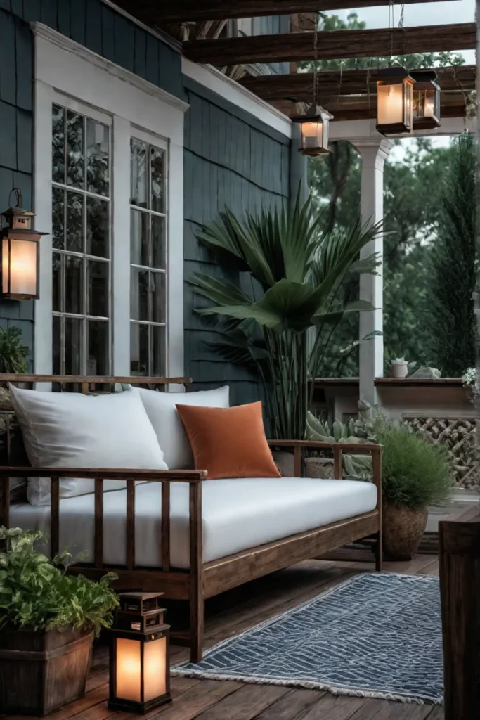 Repurposed daybed with linens and potted plants on a porch