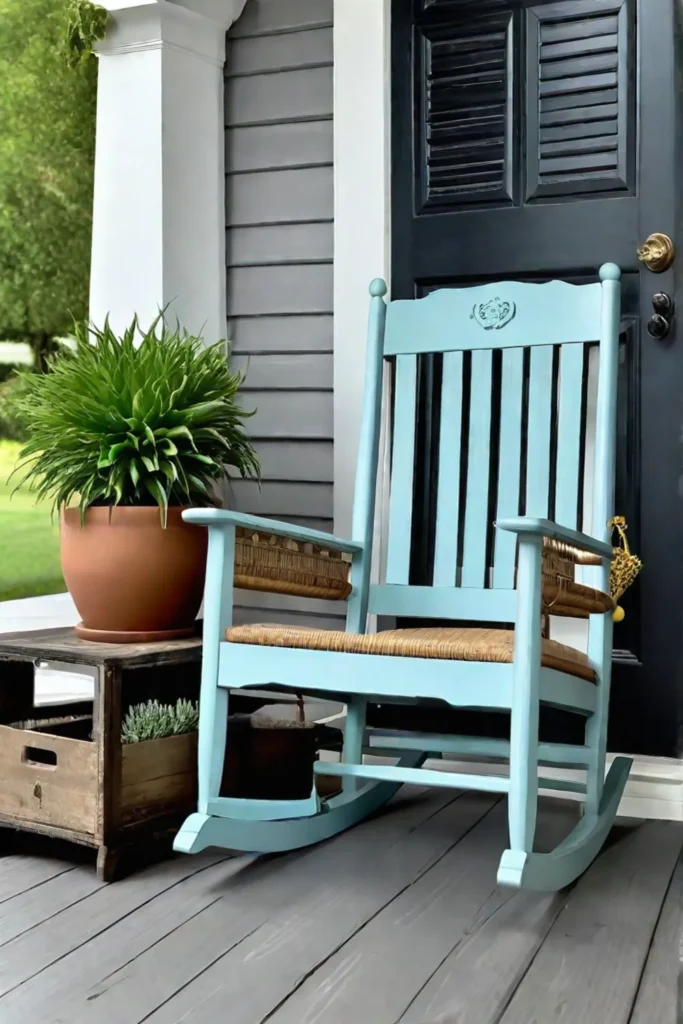 Repurposed teapots and mason jars as planters on a porch with vintage furniture