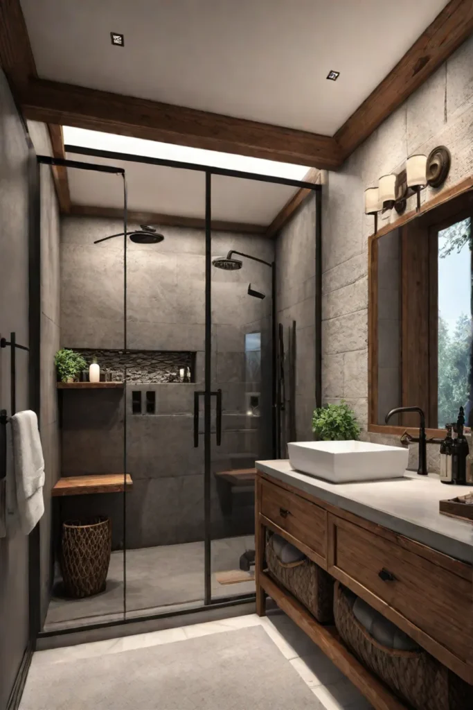 Rustic bathroom shower with natural stone tiles and wood accents