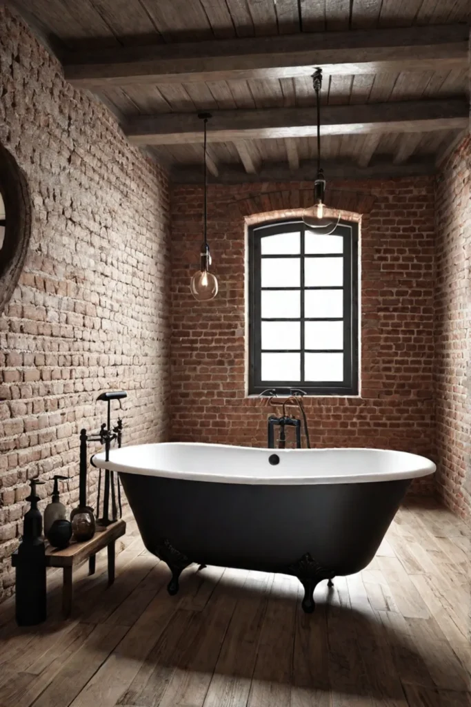 Rustic bathroom with cast iron bathtub and exposed brick