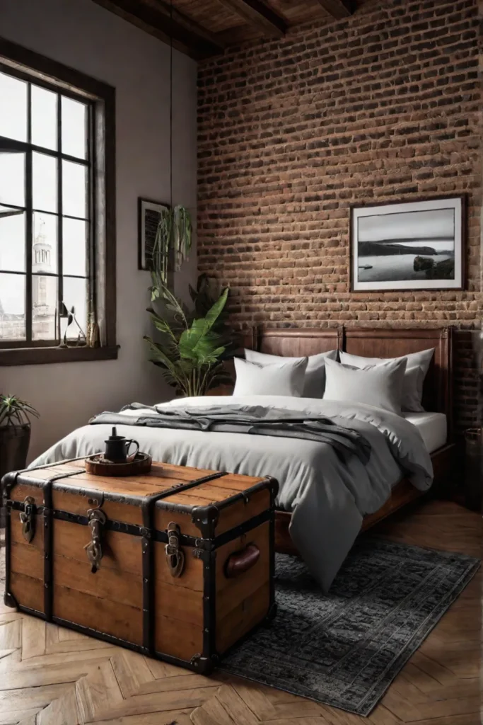 Rustic bedroom with exposed brick and vintage trunk