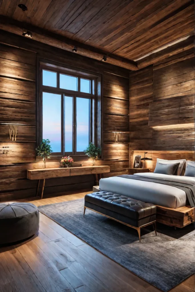 Rustic bedroom with repurposed wooden log wall accent