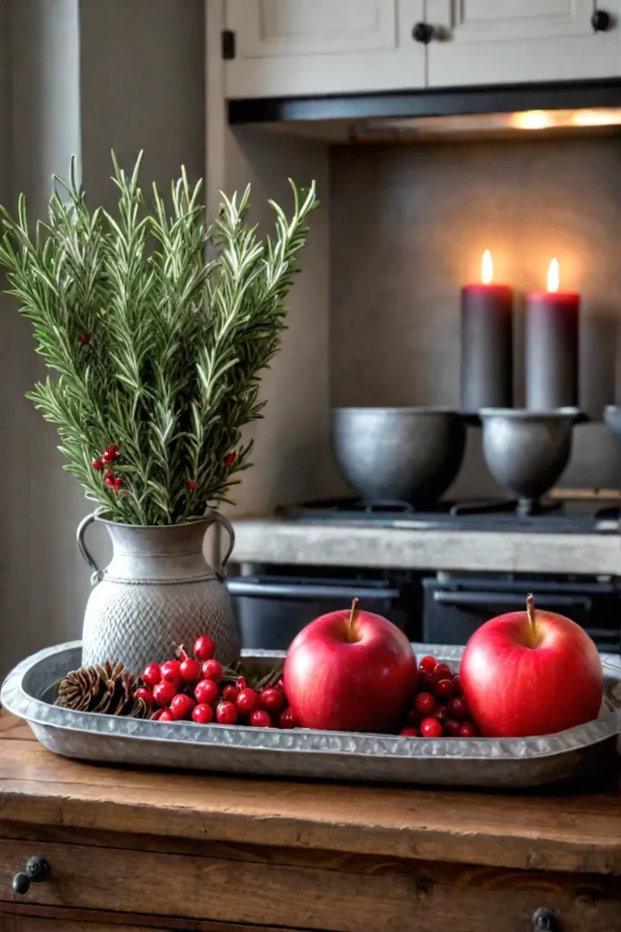 Rustic holiday decor with candles and fruit on a metal tray