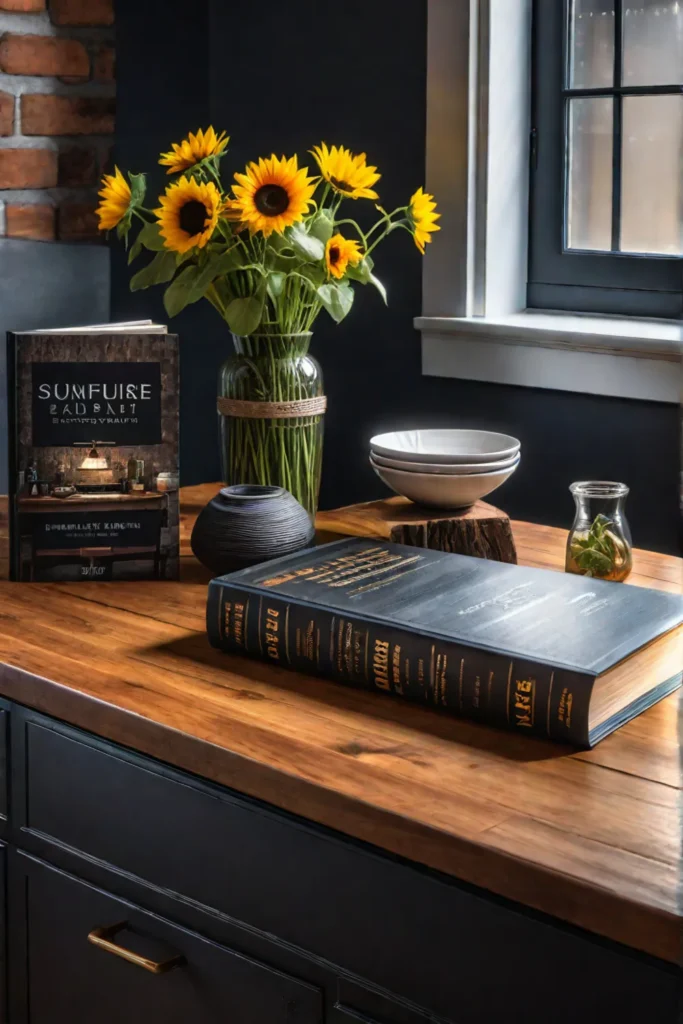 Rustic kitchen countertop with cookbooks and a vase of sunflowers