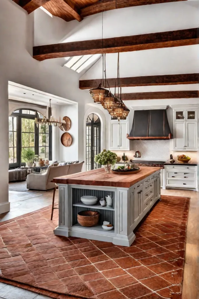 Rustic kitchen with terracotta tile flooring and herringbone pattern
