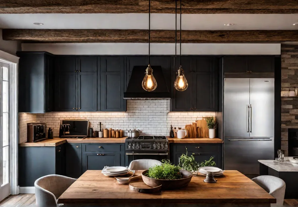 Rustic pendant lighting illuminates a cozy farmhouse kitchen casting a warm glowfeat