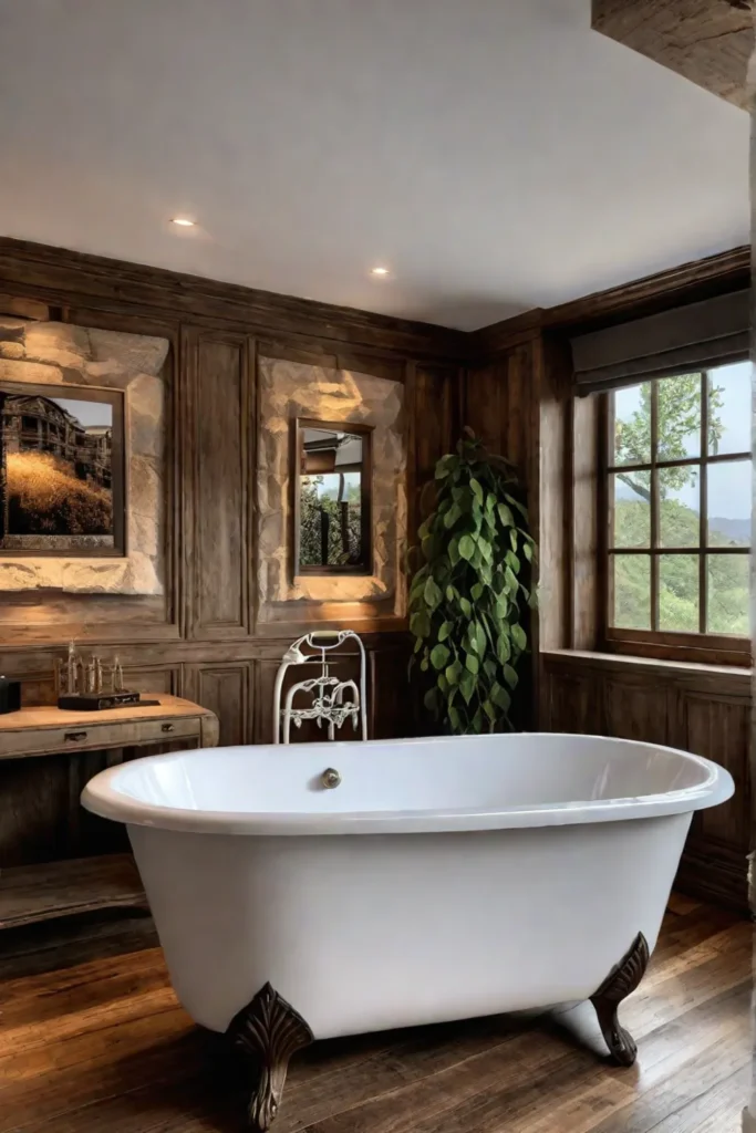 Rustic bathroom with natural stone floor tiles and clawfoot tub