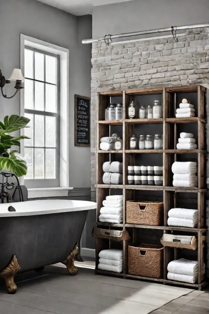 Rustic_bathroom_with_vintage_metal_baskets_a_wooden_crate_shelf_and_mason_jar_storage