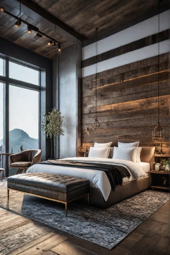Rustic bedroom with reclaimed wood accent wall and metal sculptures