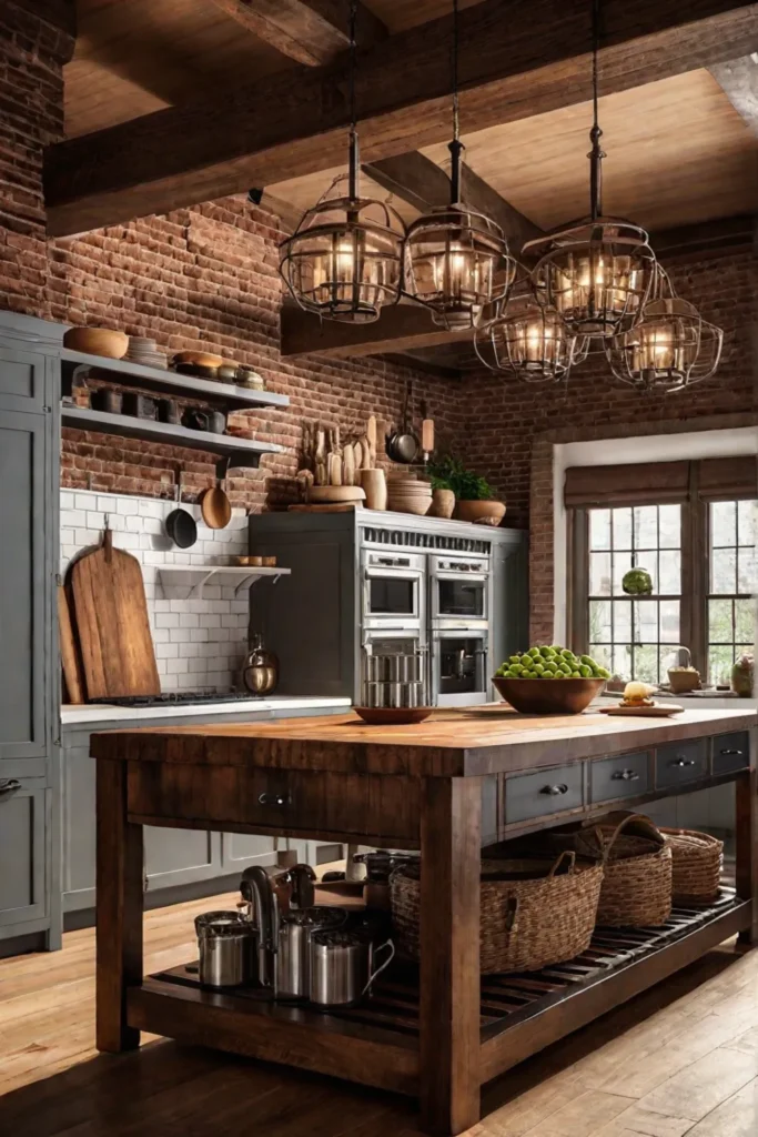 Rustic kitchen with bakers rack