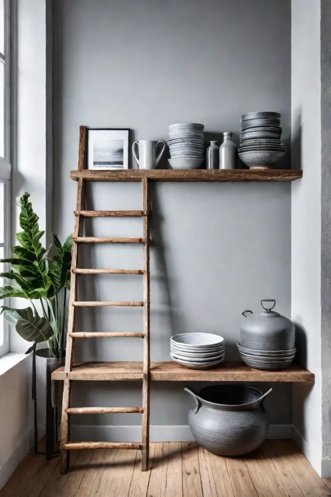 Rustic wooden ladder in a kitchen with open shelving