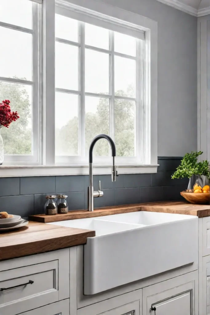 Scandinavian farmhouse kitchen with stainless steel farmhouse sink