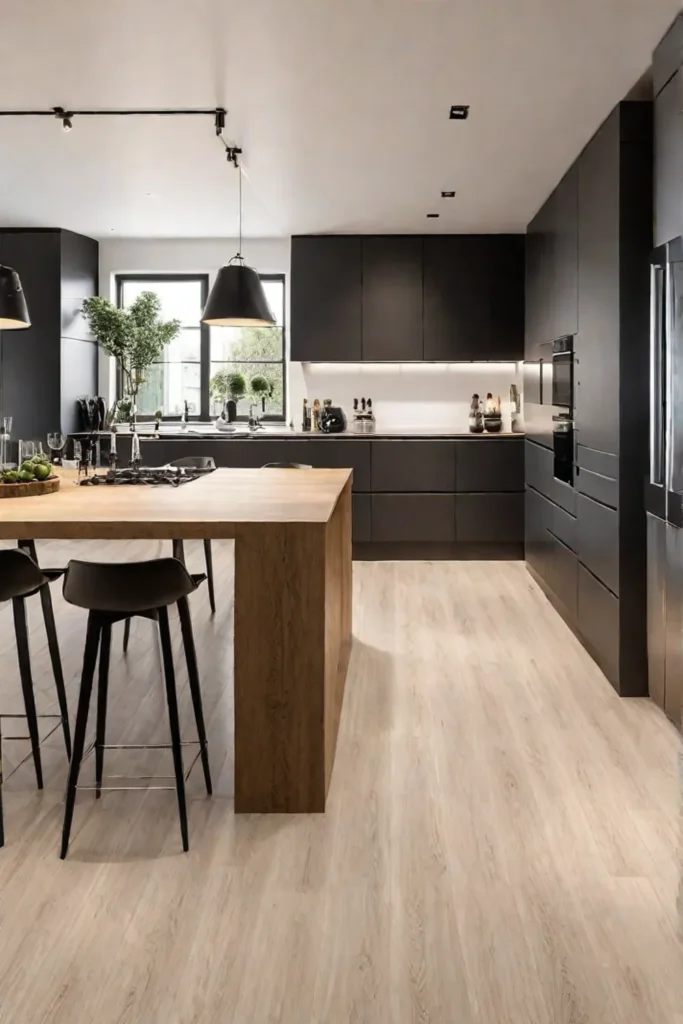 Scandinavian kitchen with light cork flooring