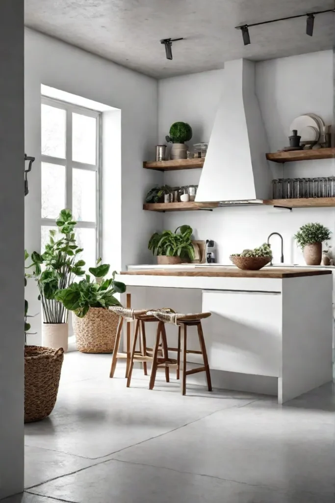 Scandinavian kitchen with polished concrete flooring and minimalist design