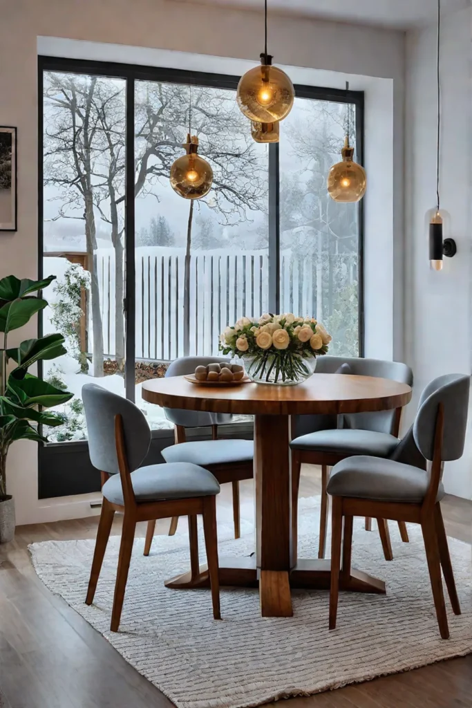 Scandinavian kitchen with round wooden table and dining area