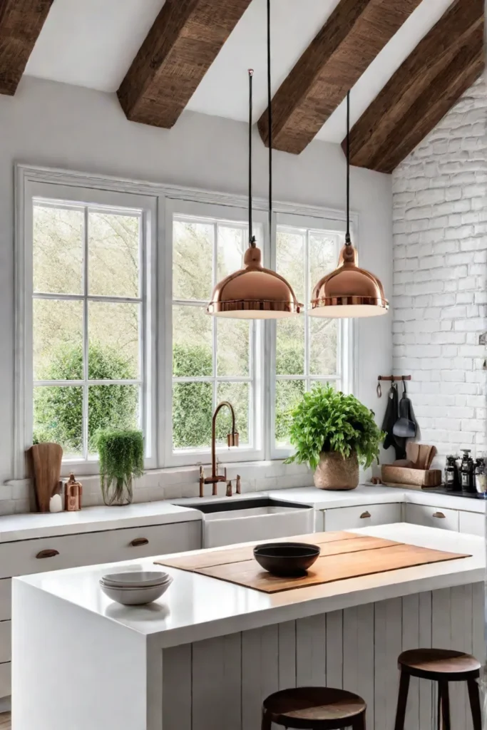 Scandinavian kitchen with whitewashed brick and exposed beams