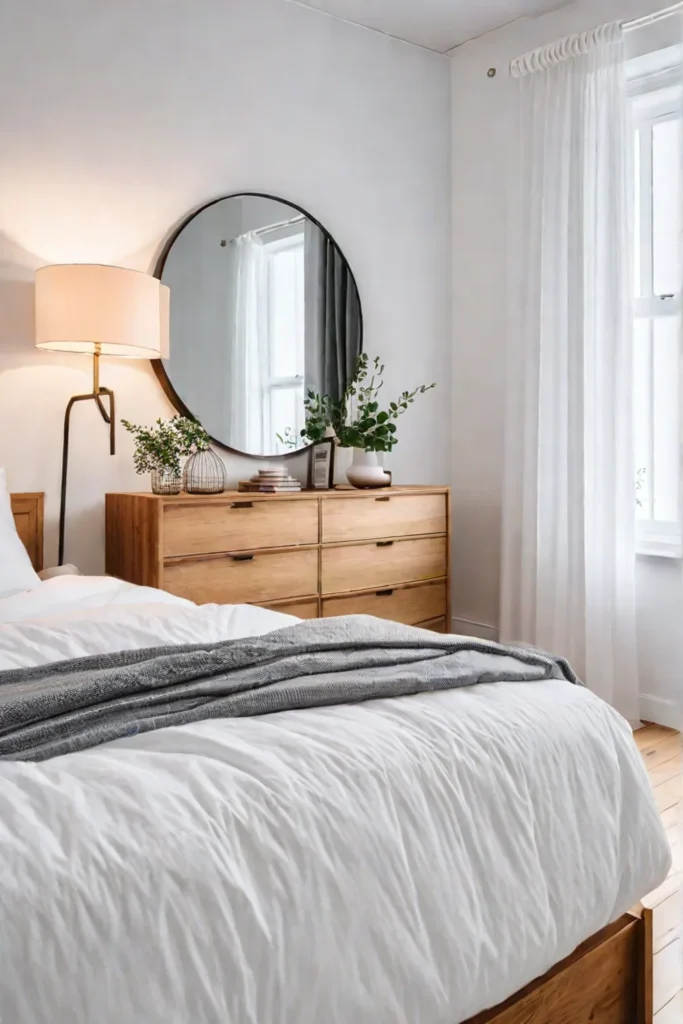 Scandinavianstyle bedroom with dresser and mirror