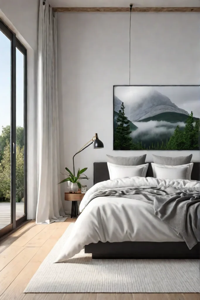 Serene Scandinavian bedroom with minimalist design and nature view