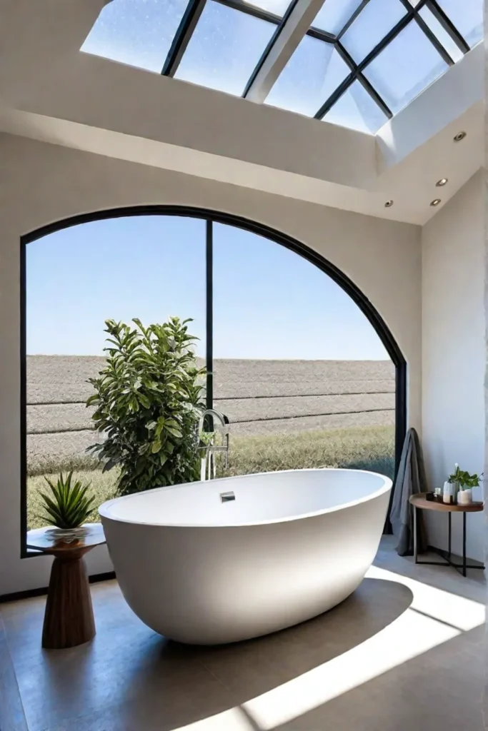 Serene bathroom with enameled steel bathtub under skylight
