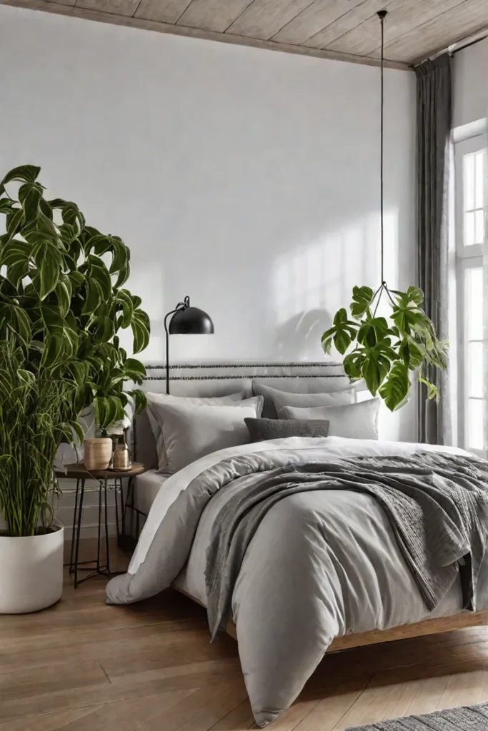 Serene bedroom with hanging plants and greenery