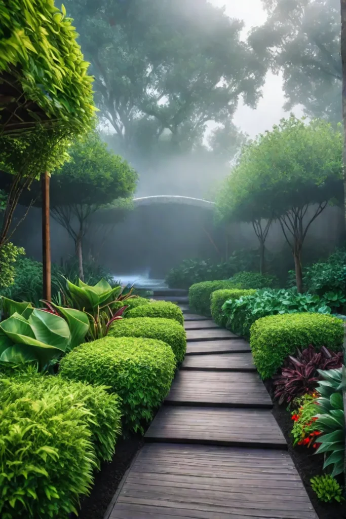 Serene vegetable garden offering a tranquil escape with a pathway and water