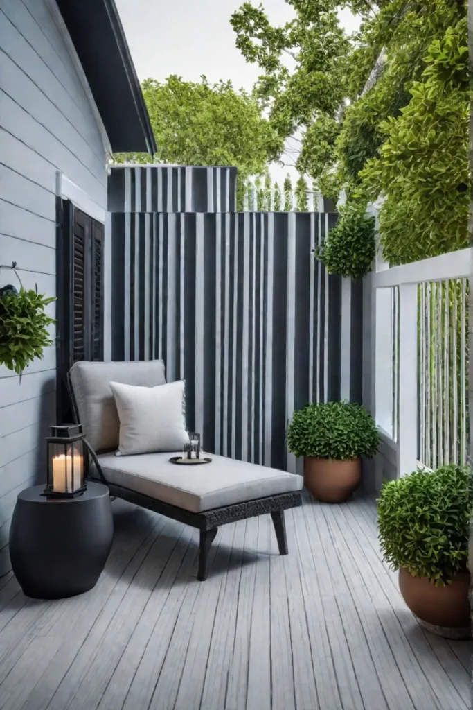 Serene outdoor space with simple furniture and decorative accents