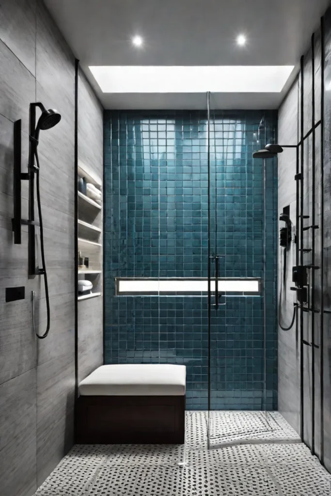 Shower with builtin bench and shelves