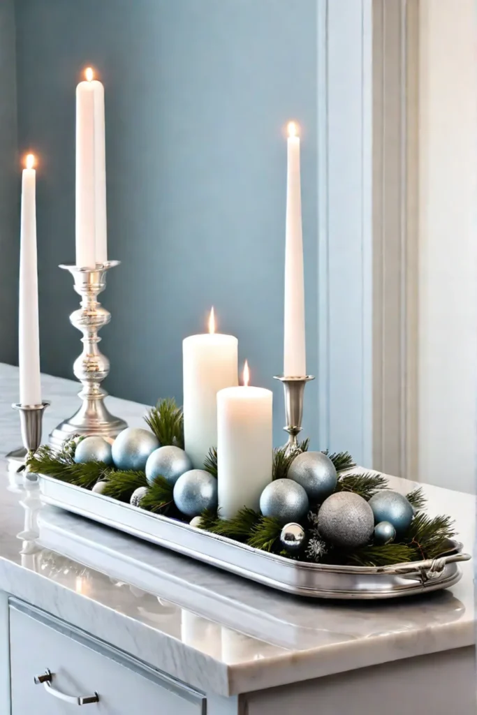 Silver tray with candles and ornaments on a modern countertop