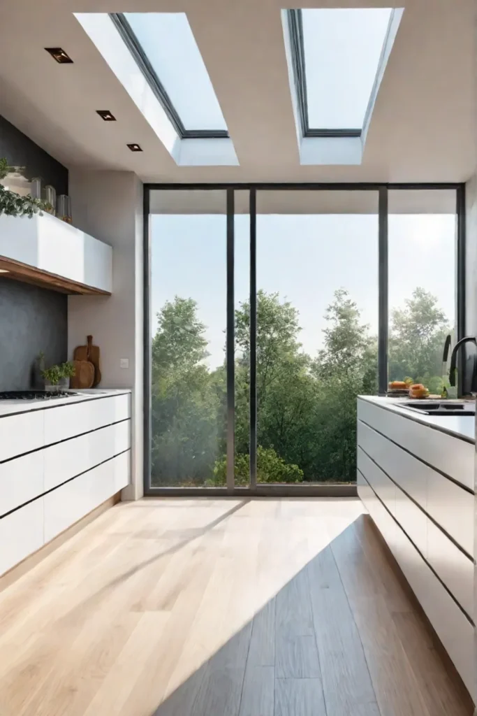 Skylight and large windows in a kitchen
