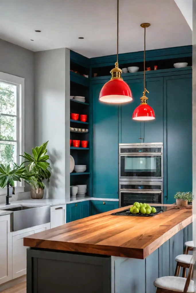 Small kitchen island with colorful pendant light