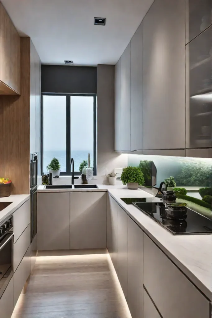 Small corner kitchen with reflective surfaces and spacesaving appliances
