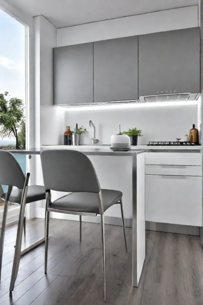 Small kitchen design utilizing convertible furniture for maximum functionality