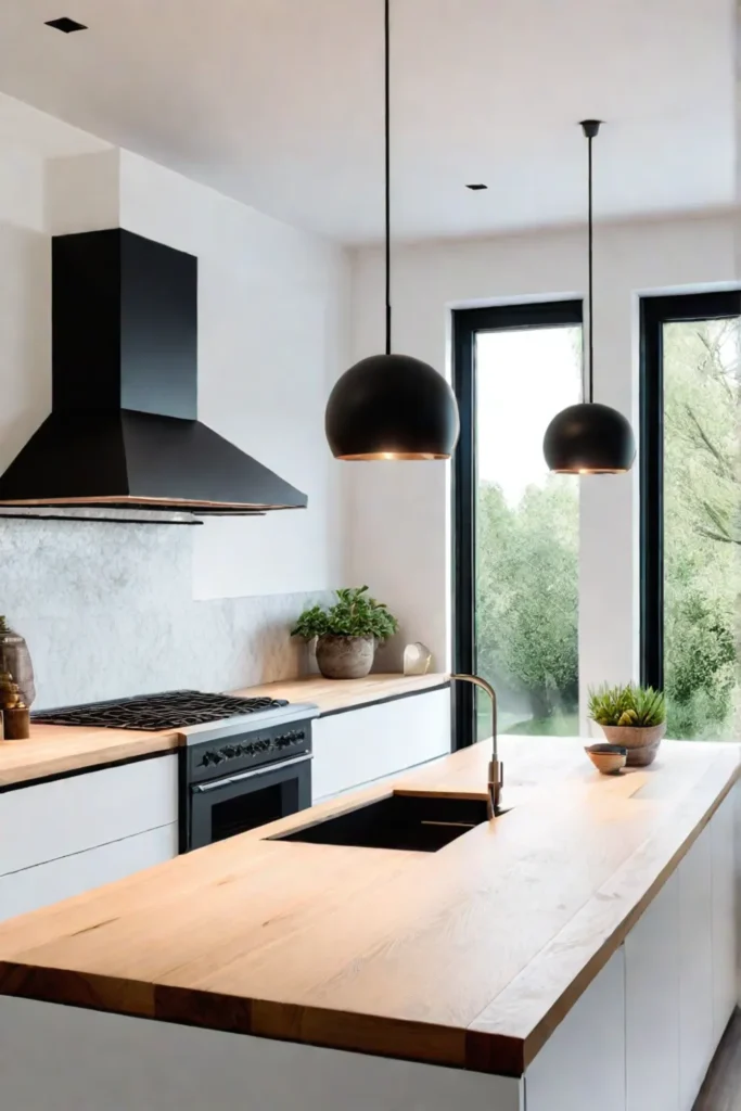 Small kitchen design with black accents and natural wood elements