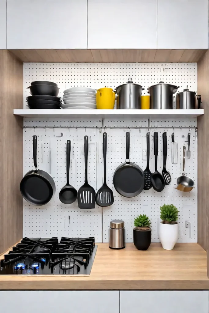 Small kitchen with a pegboard wall for efficient storage and organization