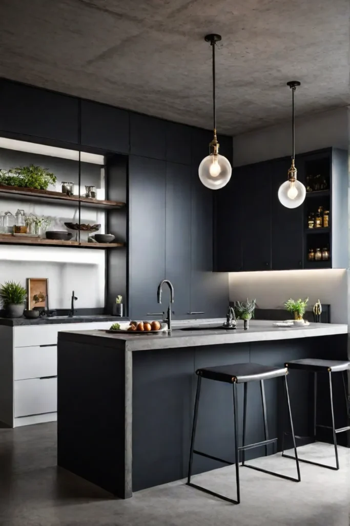 Small kitchen with concrete countertop peninsula and industrial lighting